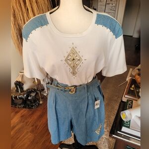Vintage Deadstock City Girl 80s Jean Embelished Bedazzled Western Top & Shorts